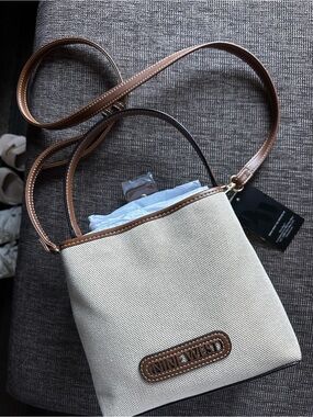 Nine West Beige Canvas Crossbody Bag with Brown Trim
